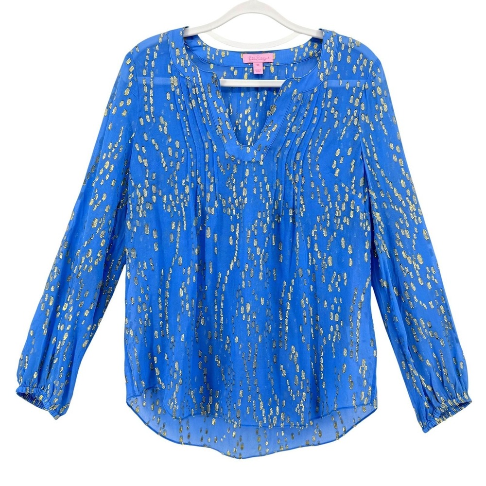 Lilly Pulitzer Colby Silk Blend Gold Metallic Dot V-Neck Blouse Sheer Blue XS - Picture 2 of 7